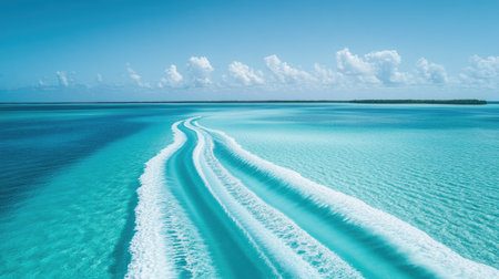 A vibrant jet ski trail creating white foam patterns in a deep blue sea under a cloudless sky.の素材