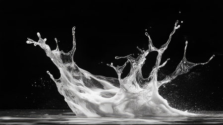 A water splash captured in the moment of collision, frozen and isolated on a black background.の素材
