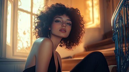 A woman with luxurious curly hair, sitting on a stairway with a dreamy expression, dressed in a fashionable outfitの素材