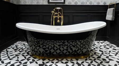A chic black and white bathroom featuring a modern bathtub, geometric tiles, and elegant gold fixtures.の素材