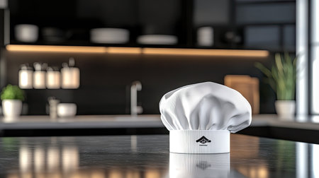 A white chef hat with a embroidered logo, set on a polished counter in a modern kitchen settingの素材