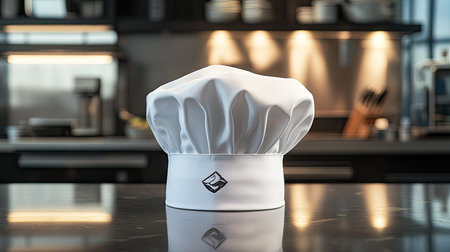 A white chef hat with a embroidered logo, set on a polished counter in a modern kitchen settingの素材