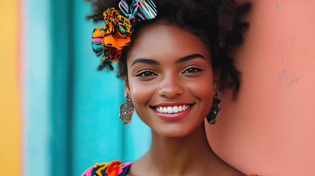 A young woman smiling, wearing a statement hair clip that complements her vibrant outfit.の素材