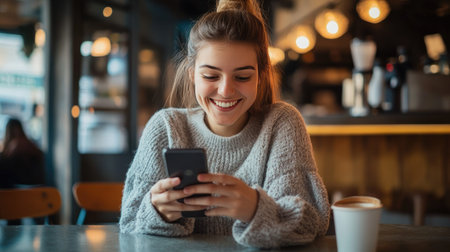 A young woman sitting at a caf, smiling while using her smartphone, with a coffee cup beside her.の素材
