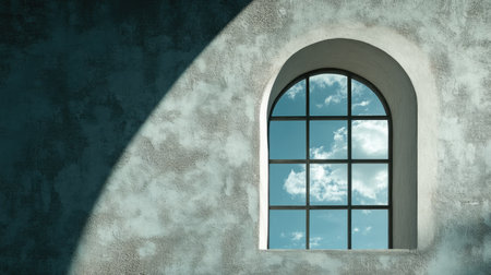A window on a stucco wall with a curved visor, casting soft shadows on the surface as clouds pass overheadの素材