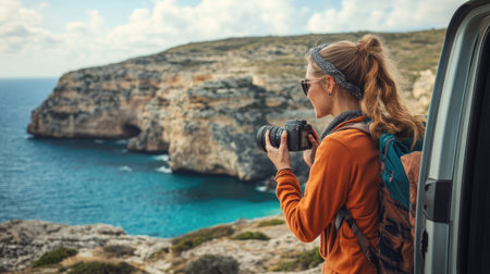 A woman traveler leaning against the open car door, holding a camera and admiring a scenic coastal cliff viewの素材