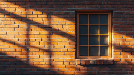 A window on a brick wall with a modern visor, casting complex shadows during the golden hourの素材