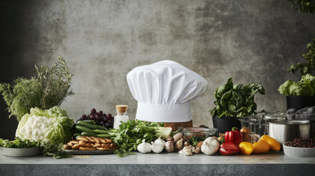 A white chef hat sitting on a counter, with ingredients for a gourmet meal neatly arranged around itの素材