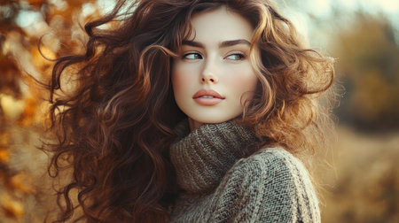 A woman with rich, curly hair, standing outdoors in the fall, wearing a cozy sweater and looking off into the distanceの素材