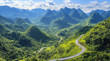 A winding highway cutting through lush green mountains under a clear blue sky, with sunlight casting soft shadowsの素材