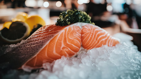 A whole salmon fish with its fillet carefully cut and placed on a bed of ice, showcasing the fish's fresh, vibrant colorの素材