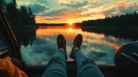 A woman traveler sitting sideways in her car seat, feet on the dashboard, watching a serene lakeside sunsetの素材