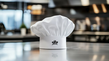 A white chef hat with a embroidered logo, set on a polished counter in a modern kitchen settingの素材