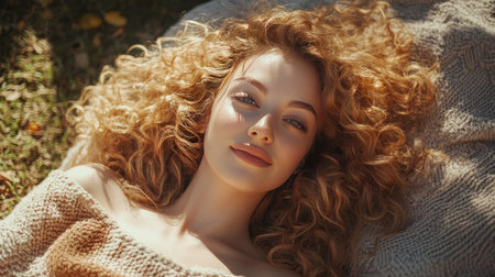 A woman with radiant curly hair, lying on a soft blanket outdoors, enjoying a sunny day in natureの素材