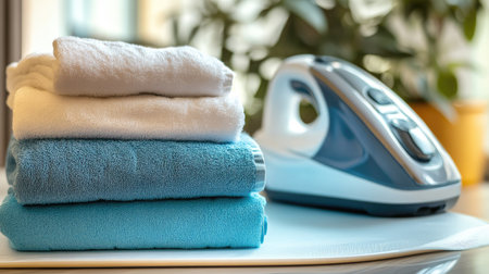 A close-up of a modern electric iron on an ironing board, next to a pile of freshly pressed towels and linens.の素材