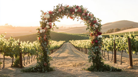 A dreamy floral wedding arch with cascading roses and eucalyptus leaves, set in a vineyard overlooking rolling hills at sunset.の素材