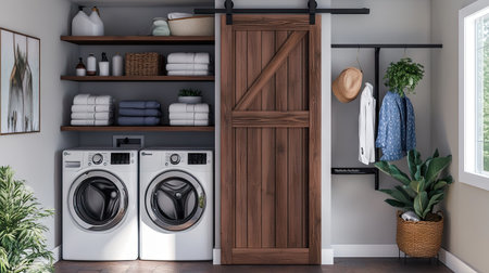 A chic laundry room with a wooden barn door, stacked washer and dryer, and modern floating shelves for storage.の素材