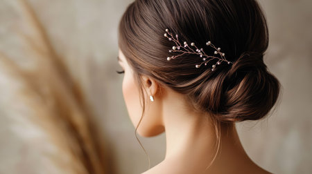 A young woman wearing a chic, minimalist hair clip with her hair in a sophisticated, low bun.の素材