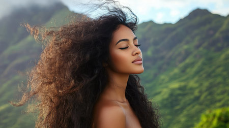 A woman with stunning long curly hair, standing by a scenic mountain view, with the wind gently tousling her hairの素材