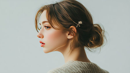 A young woman wearing a chic, minimalist hair clip with her hair in a sophisticated, low bun.の素材