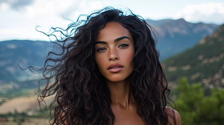 A woman with stunning long curly hair, standing by a scenic mountain view, with the wind gently tousling her hairの素材