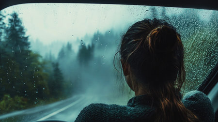 A woman sitting in a car on a rainy day, looking out at a misty forest with water droplets on the windowの素材