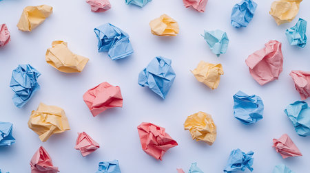 A collection of variously sized crumpled papers scattered across a white background, creating an abstract pattern.の素材