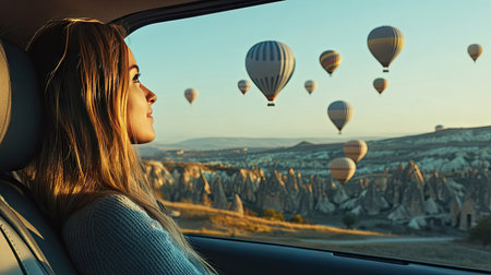 A woman sitting inside a parked car with the window rolled down, watching hot air balloons float over a valleyの素材