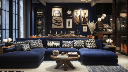 A contemporary loft-style living space with a deep navy-blue couch, decorated with geometric-patterned cushions.の素材