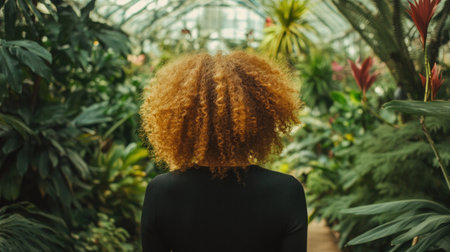 A woman with thick, shiny curly hair, walking through a botanical garden, her curls bouncing with every stepの素材