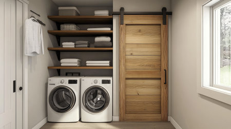 A chic laundry room with a wooden barn door, stacked washer and dryer, and modern floating shelves for storage.の素材