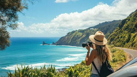 A woman traveler leaning against the open car door, holding a camera and admiring a scenic coastal cliff viewの素材