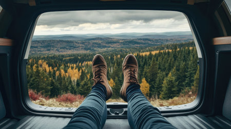 A woman sitting in her SUV with the trunk open, feet dangling over the edge, gazing at a forested landscapeの素材