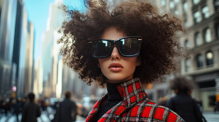 A woman with voluminous curly hair, walking confidently on a city street, wearing stylish sunglasses and a chic outfitの素材