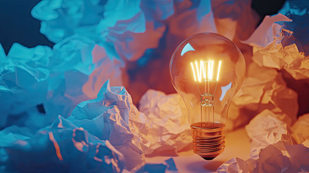 A creative concept image featuring a bright lightbulb next to a pile of crumpled paper, symbolizing brainstorming.の素材