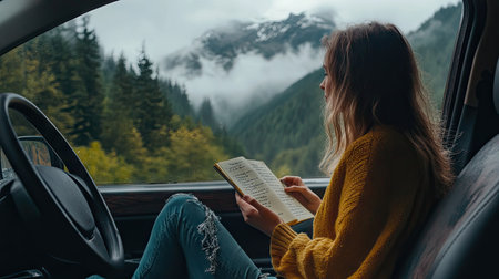 A woman traveler sitting cross-legged in the driver's seat of her car, journaling while admiring a foggy mountain viewの素材