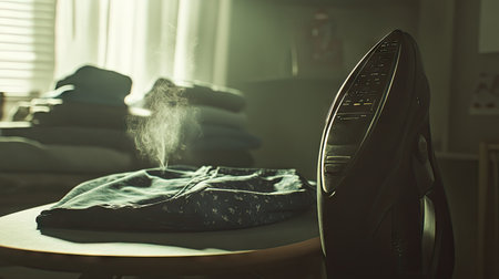 A close-up of an electric iron steaming a shirt on an ironing board, with a neatly folded pile of clothes in the background.の素材
