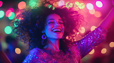 A woman with voluminous curly hair, dancing joyfully at a party with colorful lights reflecting off her hairの素材