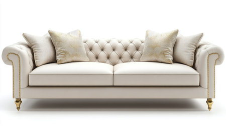 A contemporary beige sofa with elegant button-tufted cushions, complemented by gold and glass decor elements.の素材