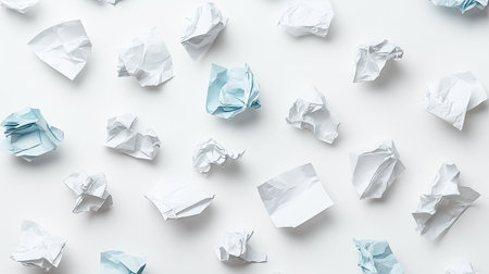A collection of variously sized crumpled papers scattered across a white background, creating an abstract pattern.の素材