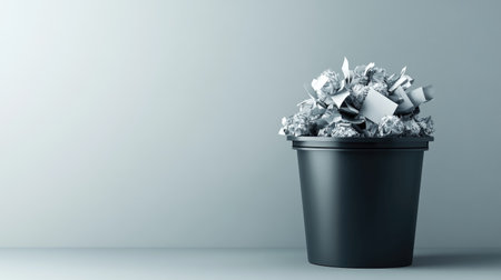 A concept image of a trash bin overloaded with balled-up papers, set against a light grey background.の素材