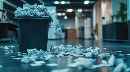 A close-up shot of an overfilled office trash bin, paper balls spilling onto the floor, with a blurred background.の素材