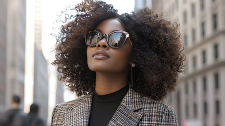 A woman with voluminous curly hair, walking confidently on a city street, wearing stylish sunglasses and a chic outfitの素材