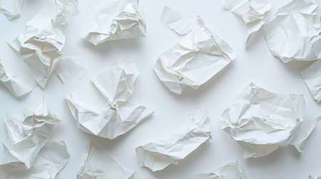 A flat lay of multiple crumpled paper sheets, spread chaotically on a seamless white background.の素材