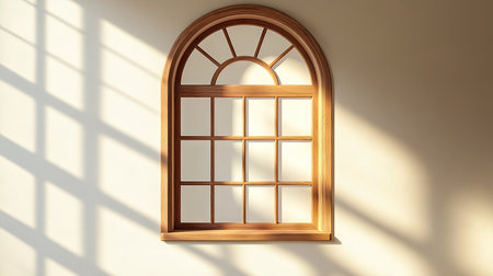 A wooden window with a simple visor, casting delicate shadows on a neutral-colored wall as sunlight filters throughの素材