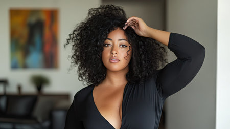 A woman with thick curly hair, standing in a modern living room, confidently adjusting her hair and looking at the cameraの素材
