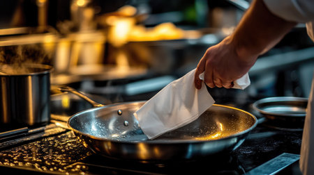 A clean stainless frying pan being wiped with a white paper napkin, showing reflections of kitchen lights.の素材