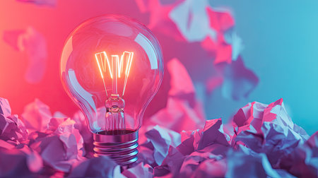 A creative concept image featuring a bright lightbulb next to a pile of crumpled paper, symbolizing brainstorming.の素材