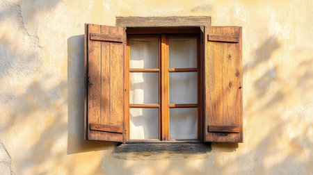 A wooden window with a simple visor, casting delicate shadows on a neutral-colored wall as sunlight filters throughの素材