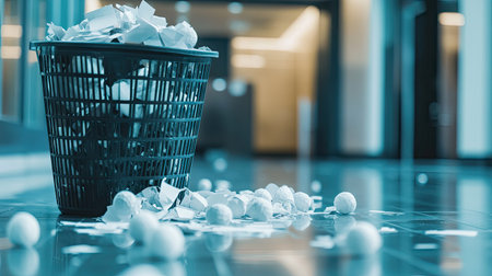 A close-up shot of an overfilled office trash bin, paper balls spilling onto the floor, with a blurred background.の素材